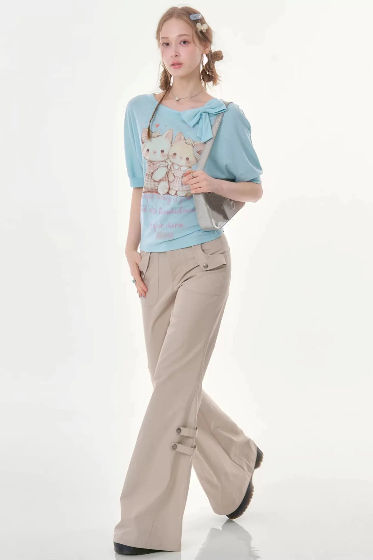 Playful Cat Print Light Blue T-Shirt