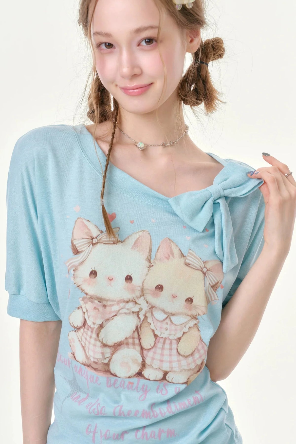 Playful Cat Print Light Blue T-Shirt