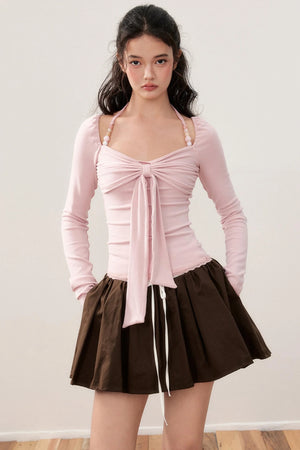 Pleated Bow Beaded Halterneck Top