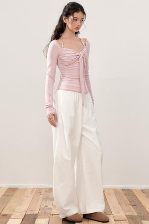 Pleated Bow Beaded Halterneck Top