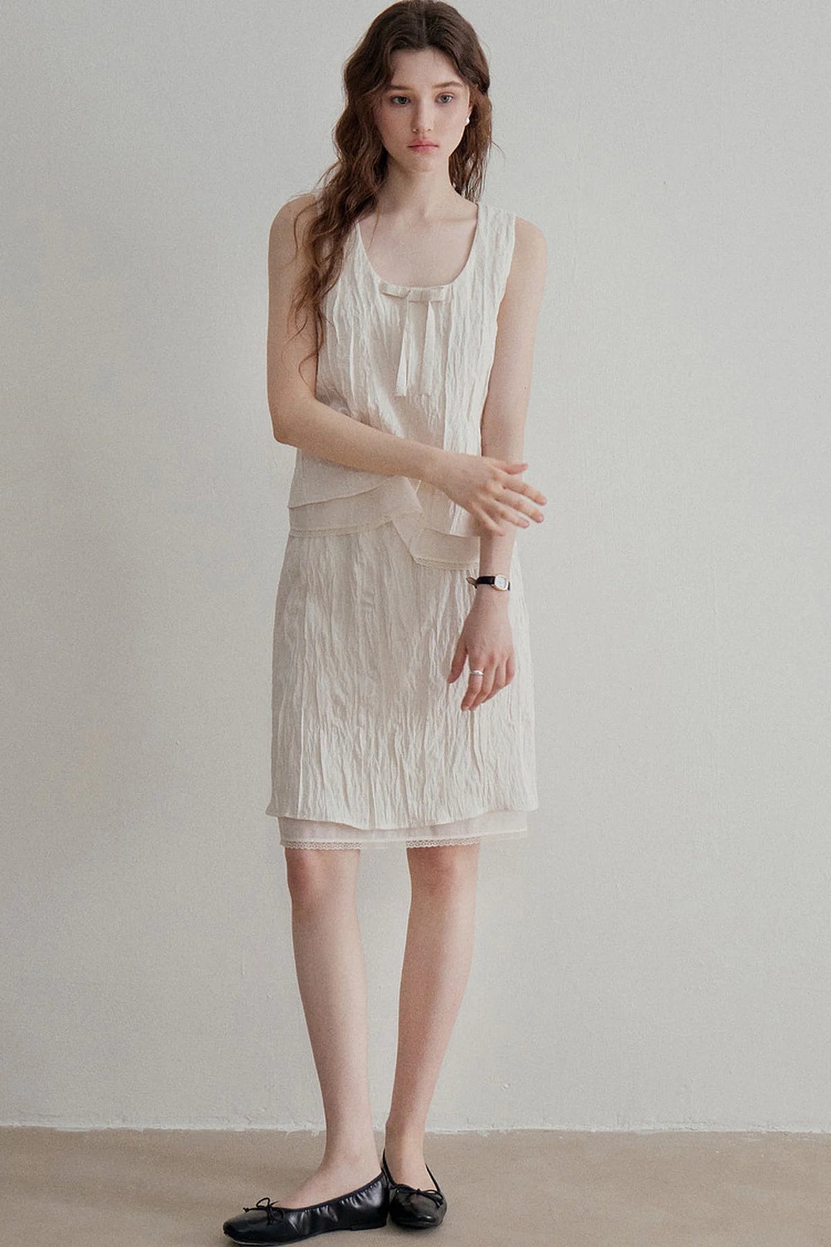Pleated Bow Linen Vest Set-Up