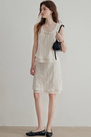 Pleated Bow Linen Vest Set-Up