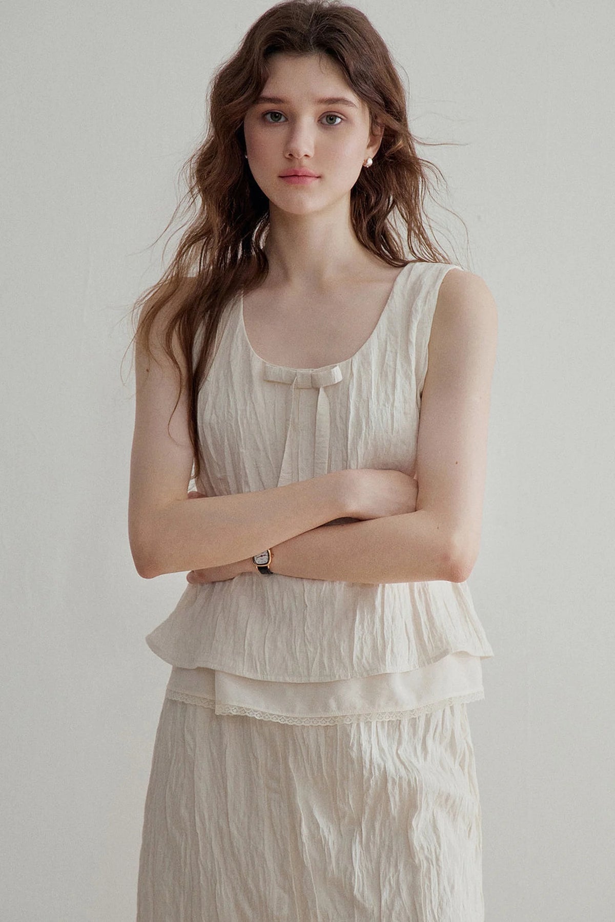 Pleated Bow Linen Vest Set-Up