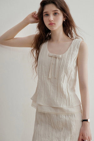 Pleated Bow Linen Vest Set-Up