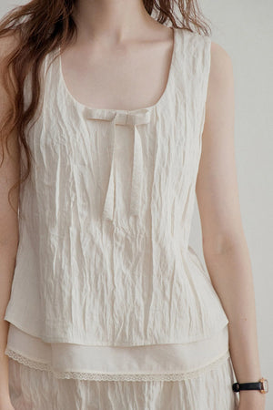 Pleated Bow Linen Vest Set-Up