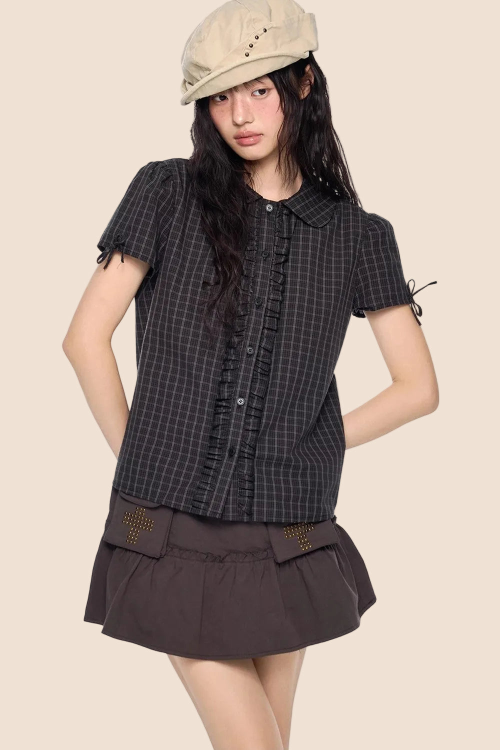 Pleated Bow Plaid Shirt