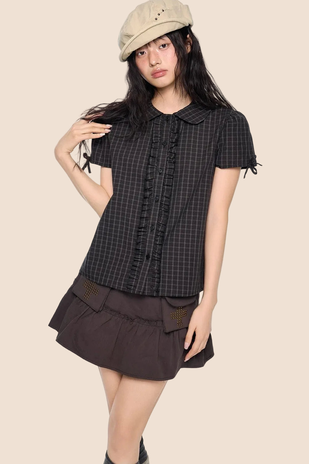 Pleated Bow Plaid Shirt