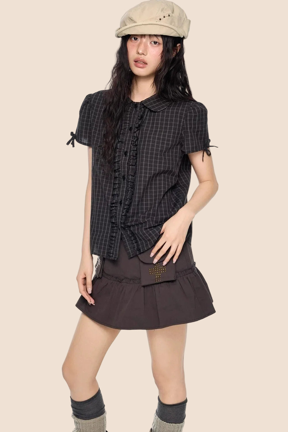 Pleated Bow Plaid Shirt