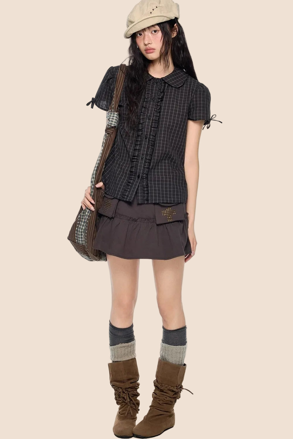 Pleated Bow Plaid Shirt