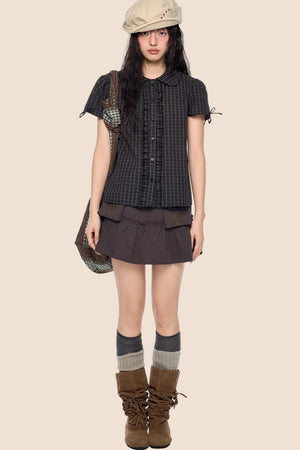 Pleated Bow Plaid Shirt