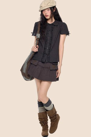 Pleated Bow Plaid Shirt