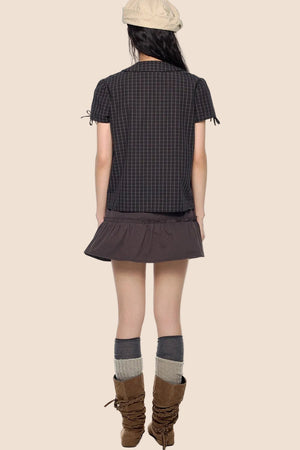 Pleated Bow Plaid Shirt