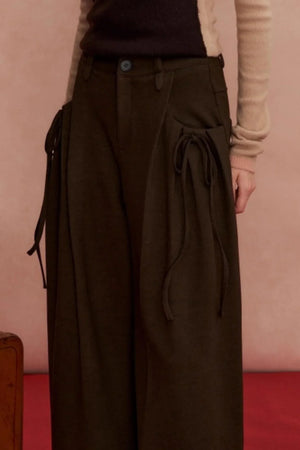 Pleated Bow Woolen Pants