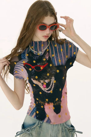 Pleated Cat Print Blouse
