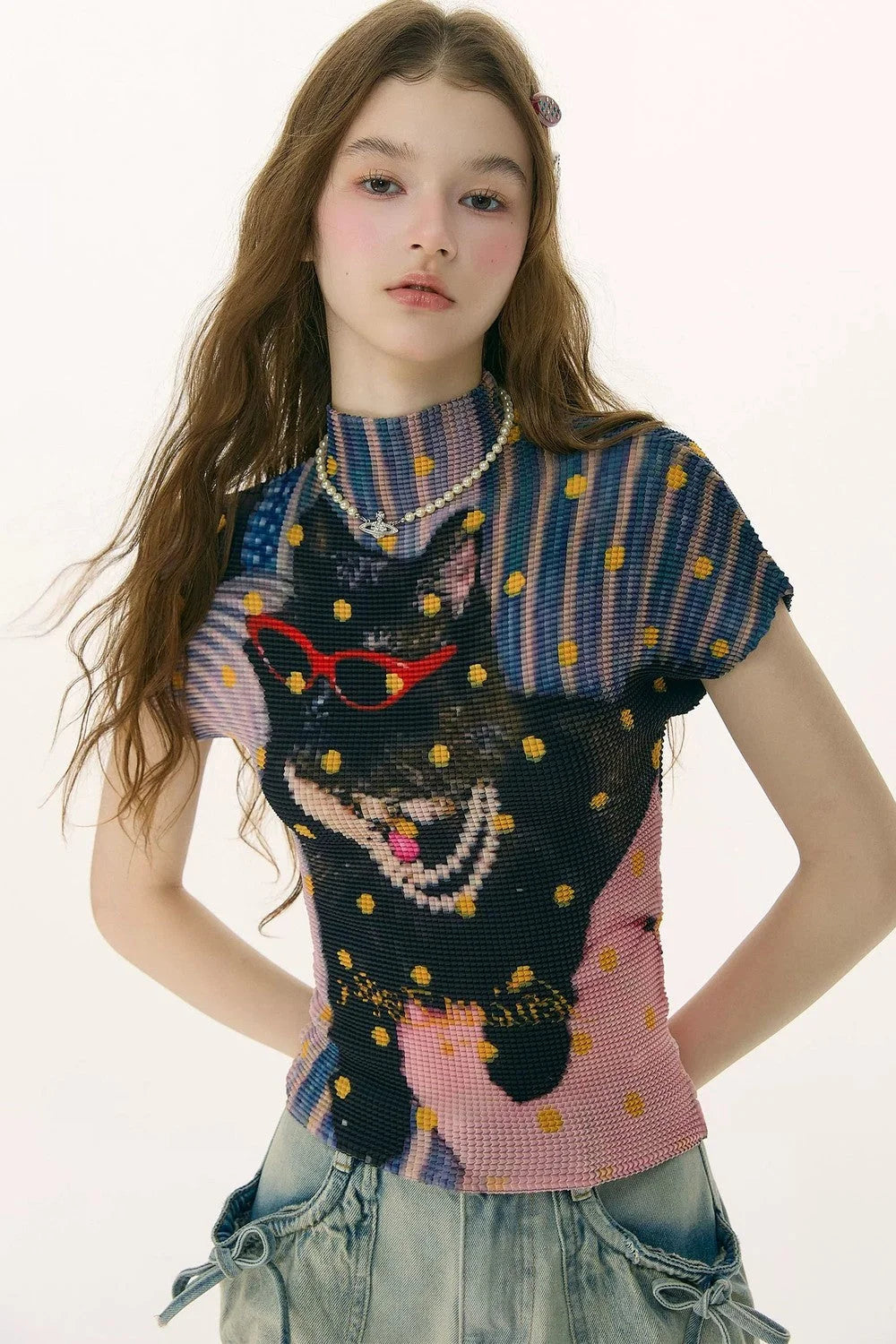 Pleated Cat Print Blouse