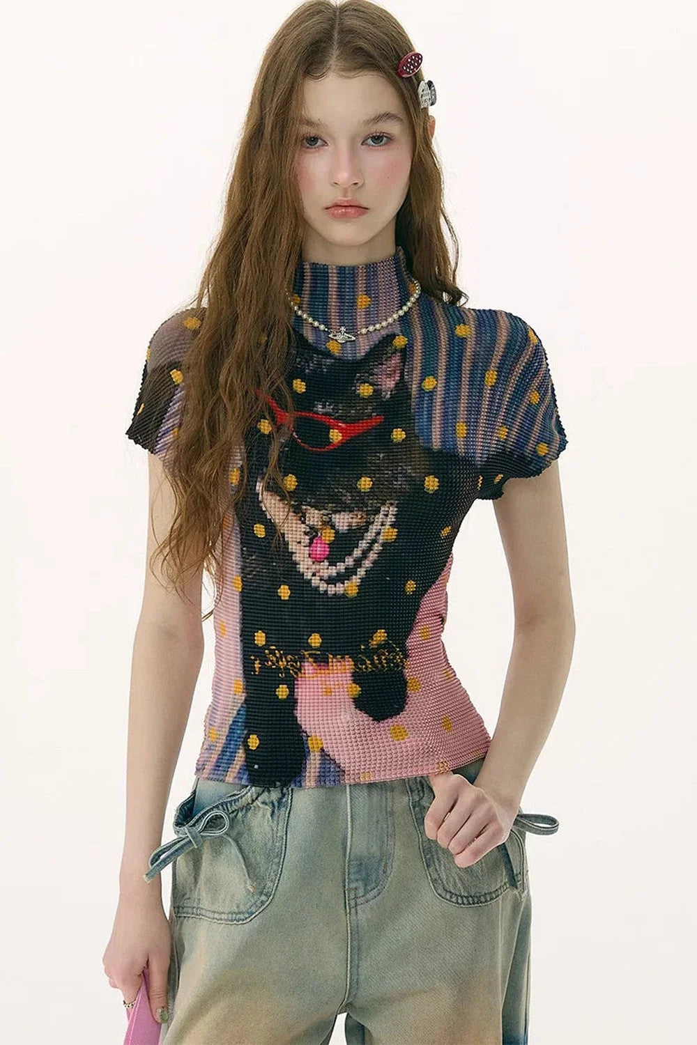 Pleated Cat Print Blouse
