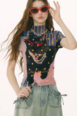 Pleated Cat Print Blouse