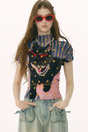 Pleated Cat Print Blouse