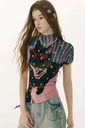 Pleated Cat Print Blouse