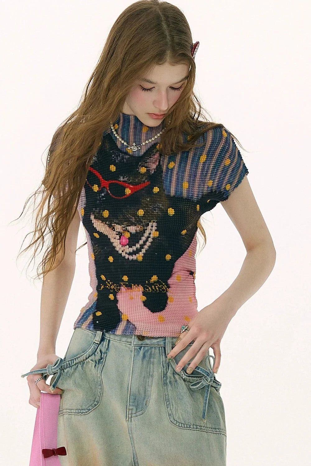 Pleated Cat Print Blouse