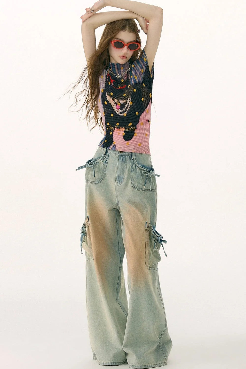 Pleated Cat Print Blouse