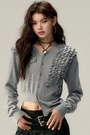 Pleated Design Lace Knit Wool Cardigan