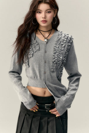 Pleated Design Lace Knit Wool Cardigan