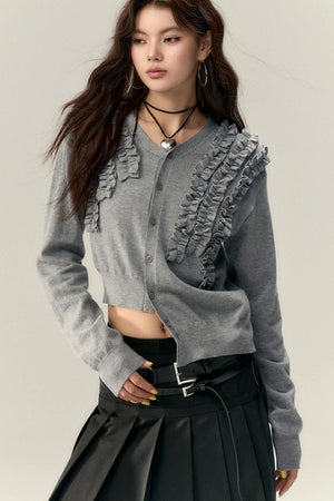 Pleated Design Lace Knit Wool Cardigan