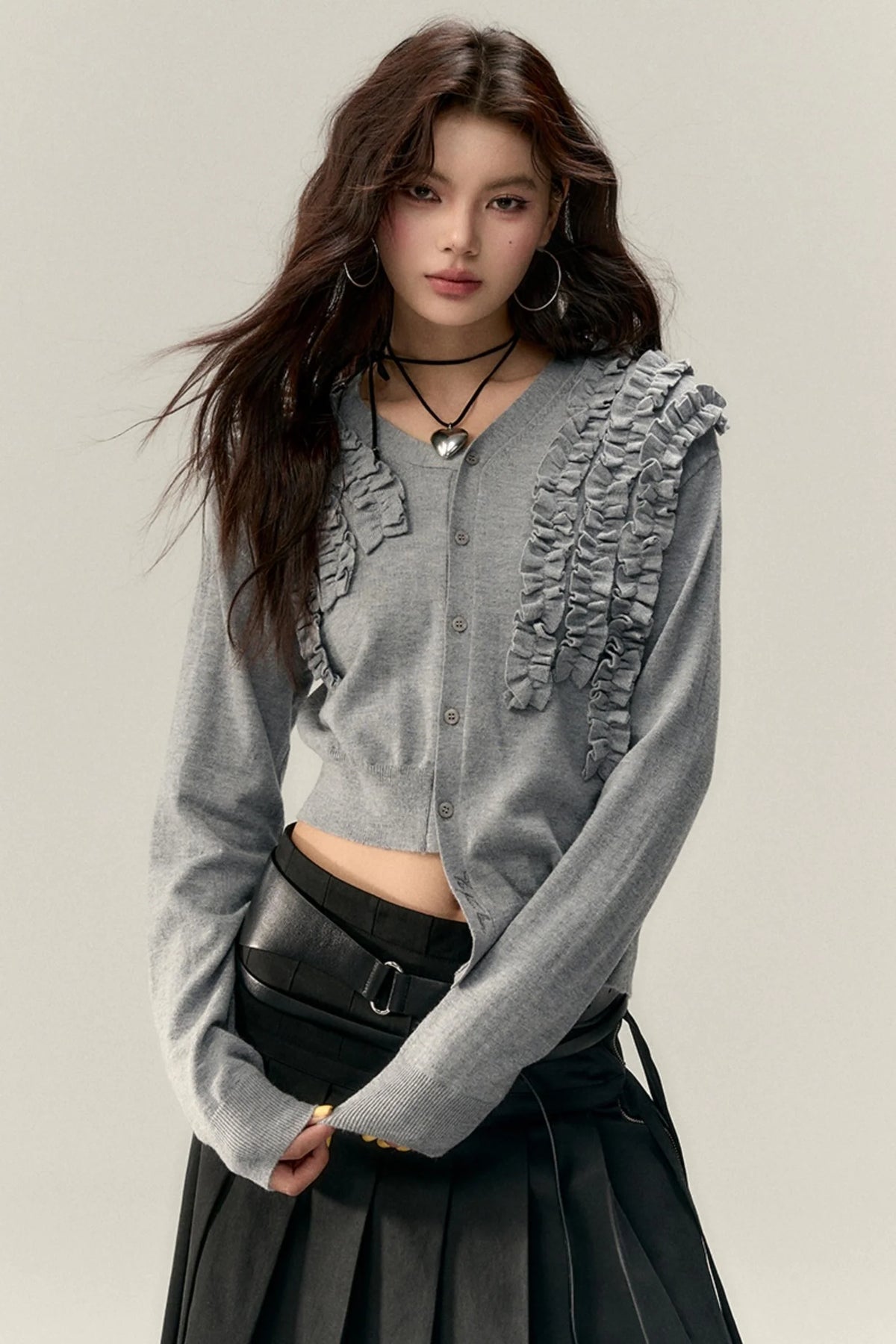 Pleated Design Lace Knit Wool Cardigan