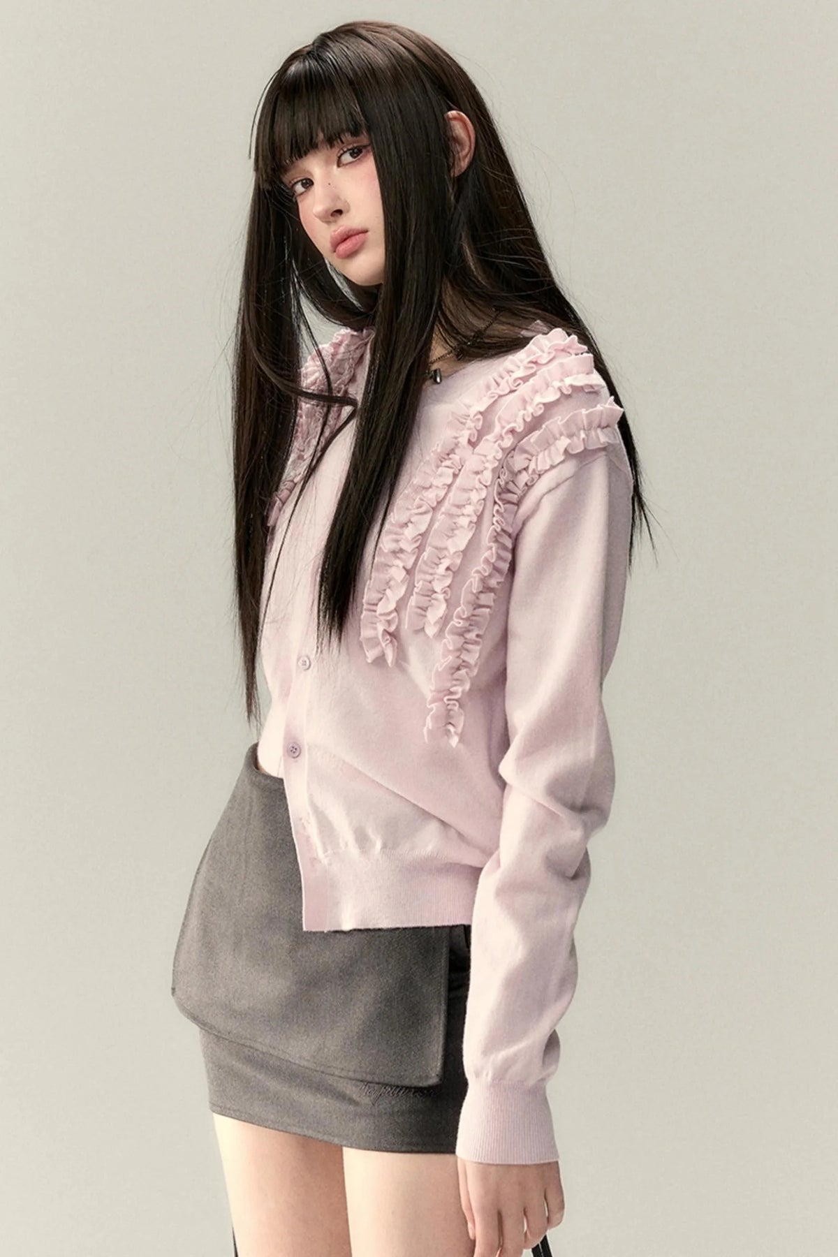 Pleated Design Lace Knit Wool Cardigan