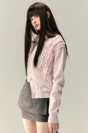 Pleated Design Lace Knit Wool Cardigan