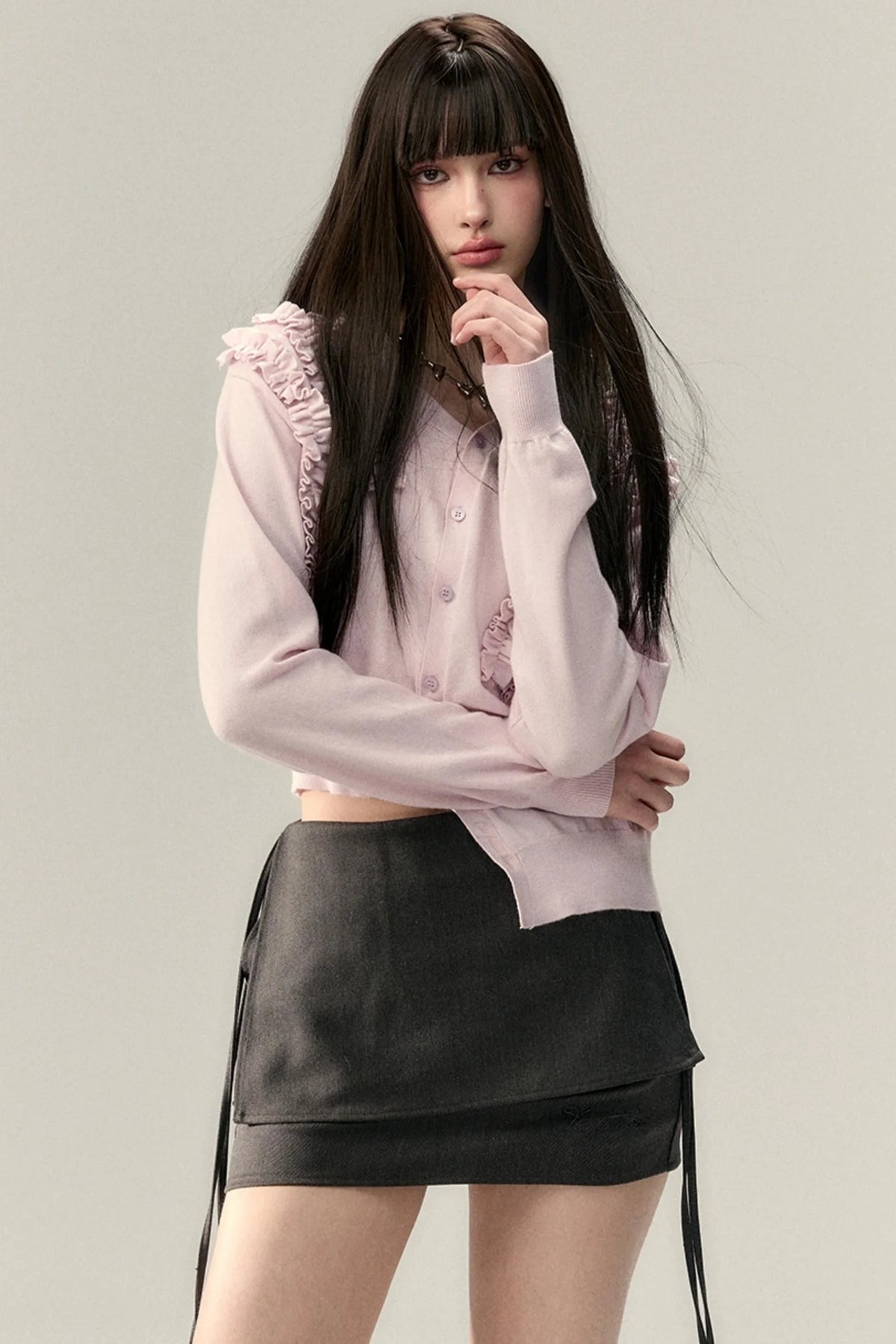 Pleated Design Lace Knit Wool Cardigan