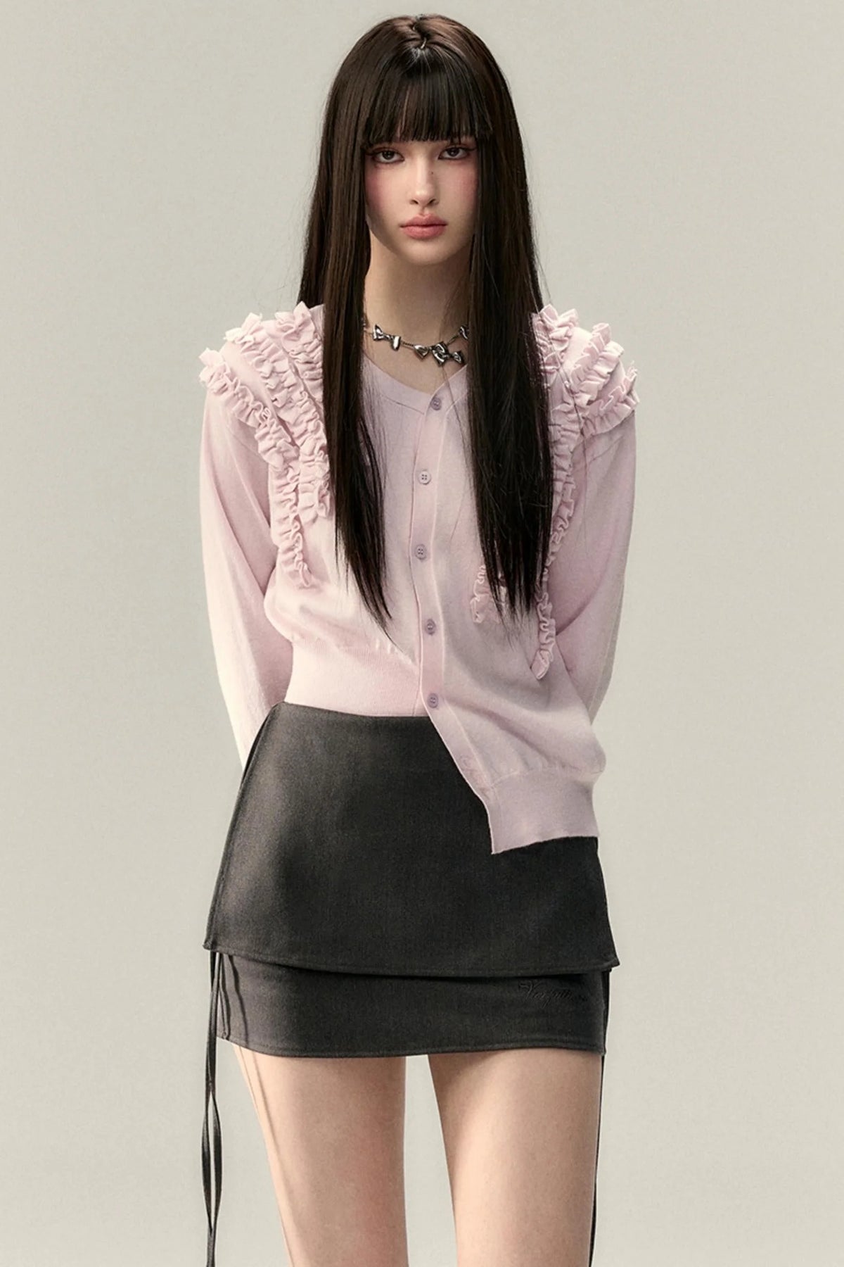 Pleated Design Lace Knit Wool Cardigan