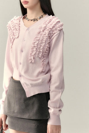 Pleated Design Lace Knit Wool Cardigan