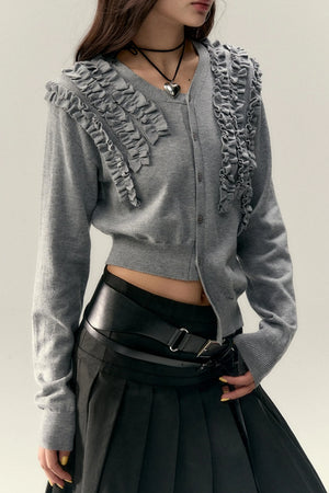 Pleated Design Lace Knit Wool Cardigan