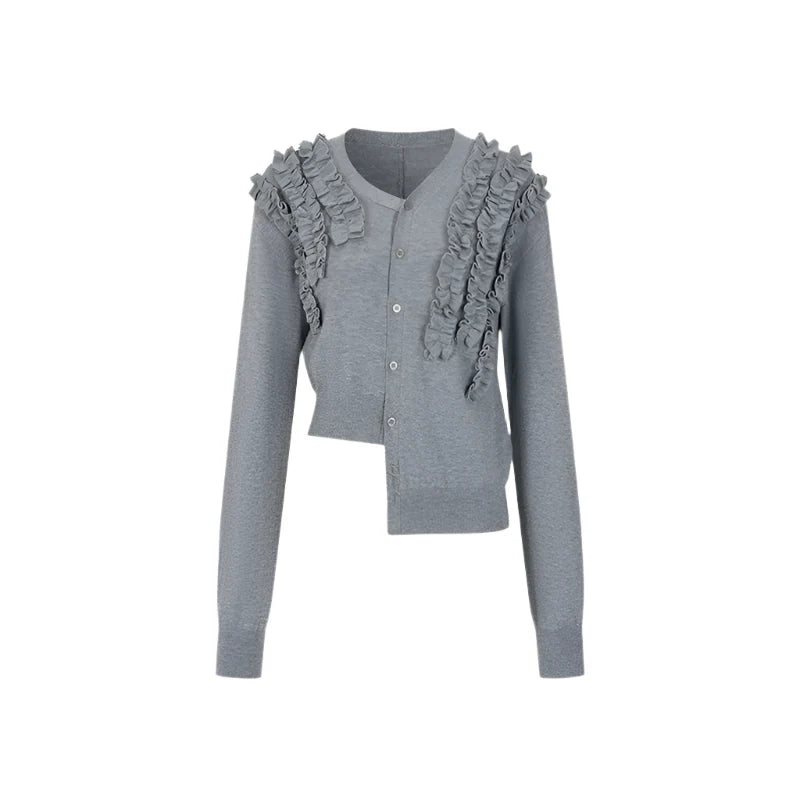 Pleated Design Lace Knit Wool Cardigan
