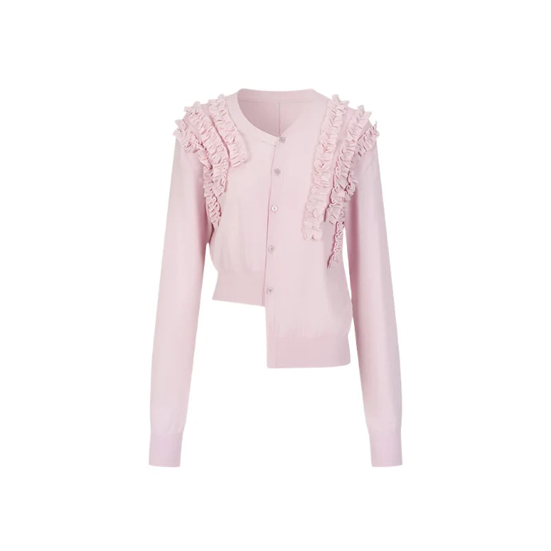 Pleated Design Lace Knit Wool Cardigan