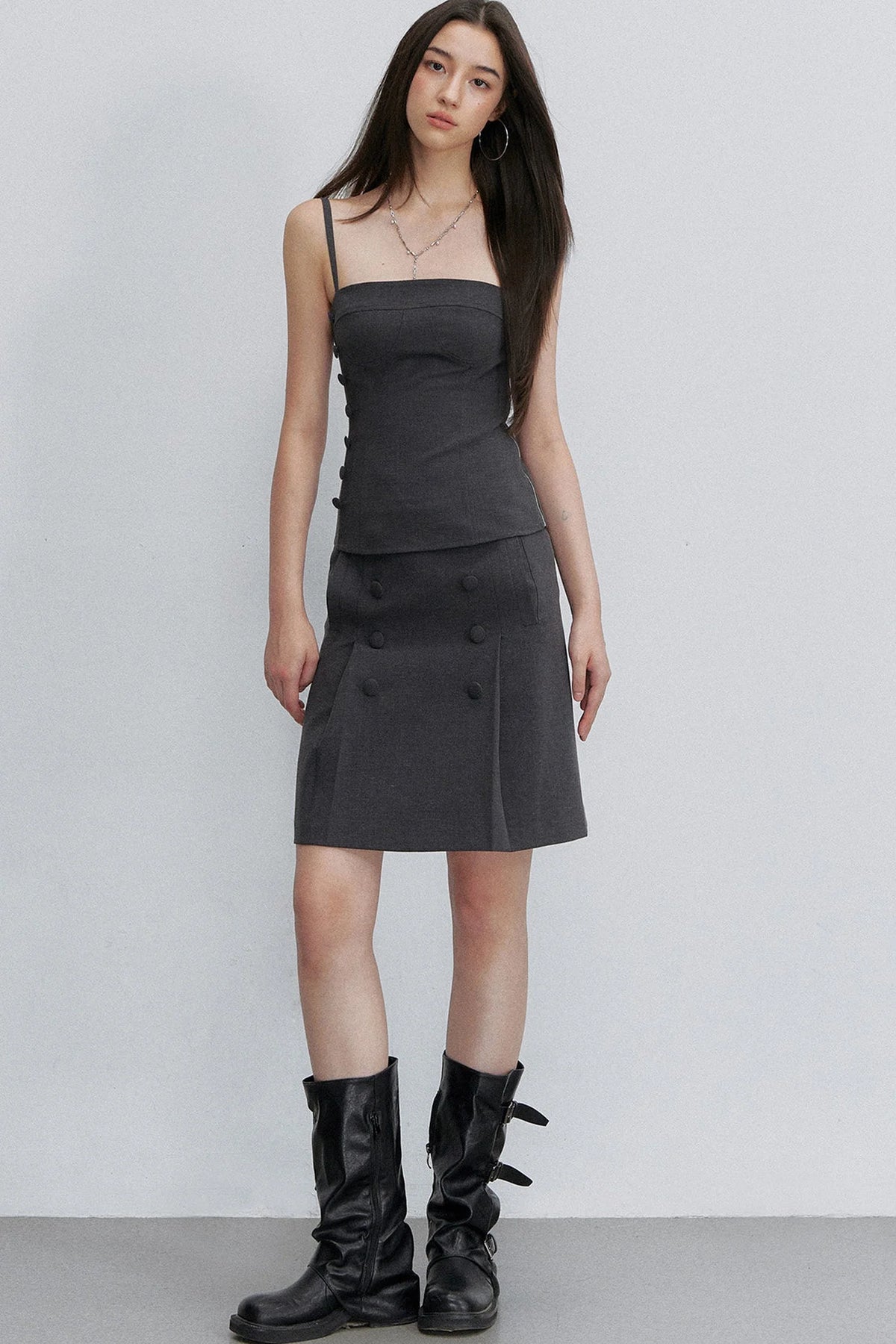 Pleated Double-Breasted Skirt