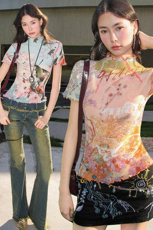 Pleated Floral Ruffle Short Sleeve Top
