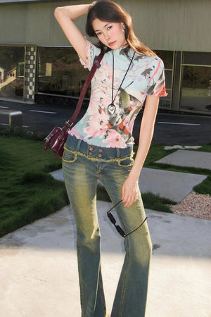 Pleated Floral Ruffle Short Sleeve Top