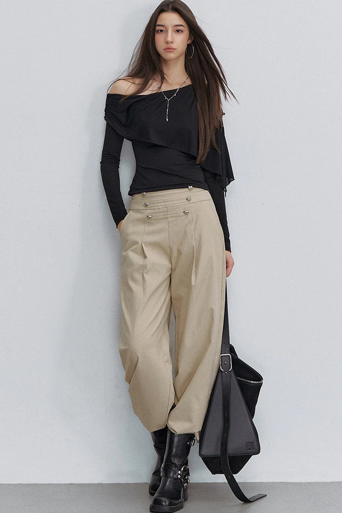 Pleated Heart Button Pants