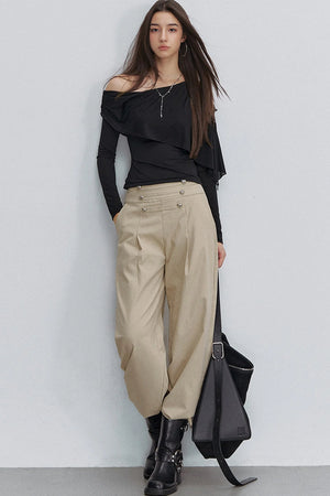Pleated Heart Button Pants
