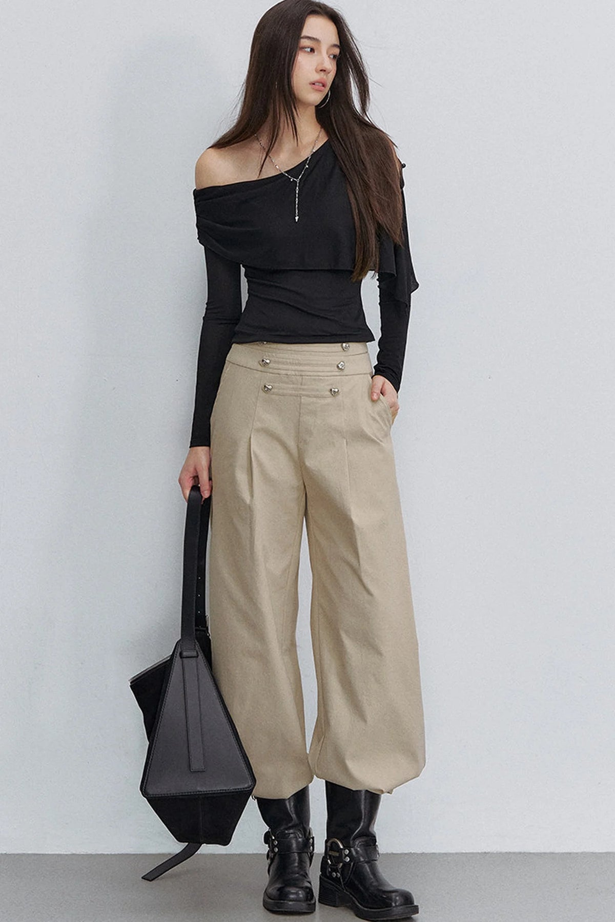 Pleated Heart Button Pants