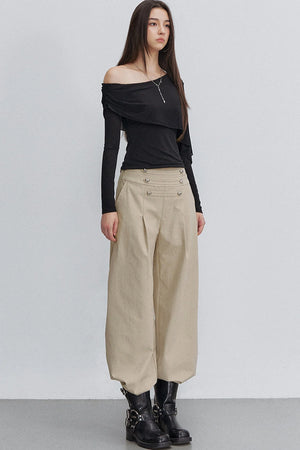 Pleated Heart Button Pants
