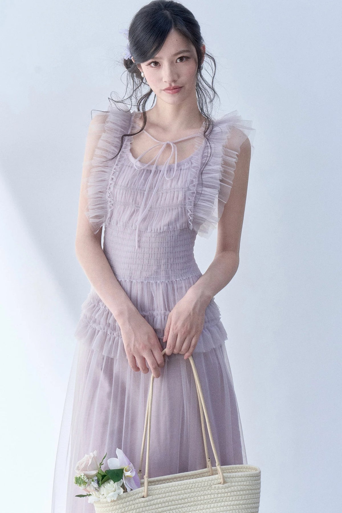 Pleated Lace Flutter Sleeve Dress
