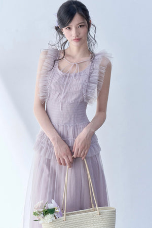 Pleated Lace Flutter Sleeve Dress