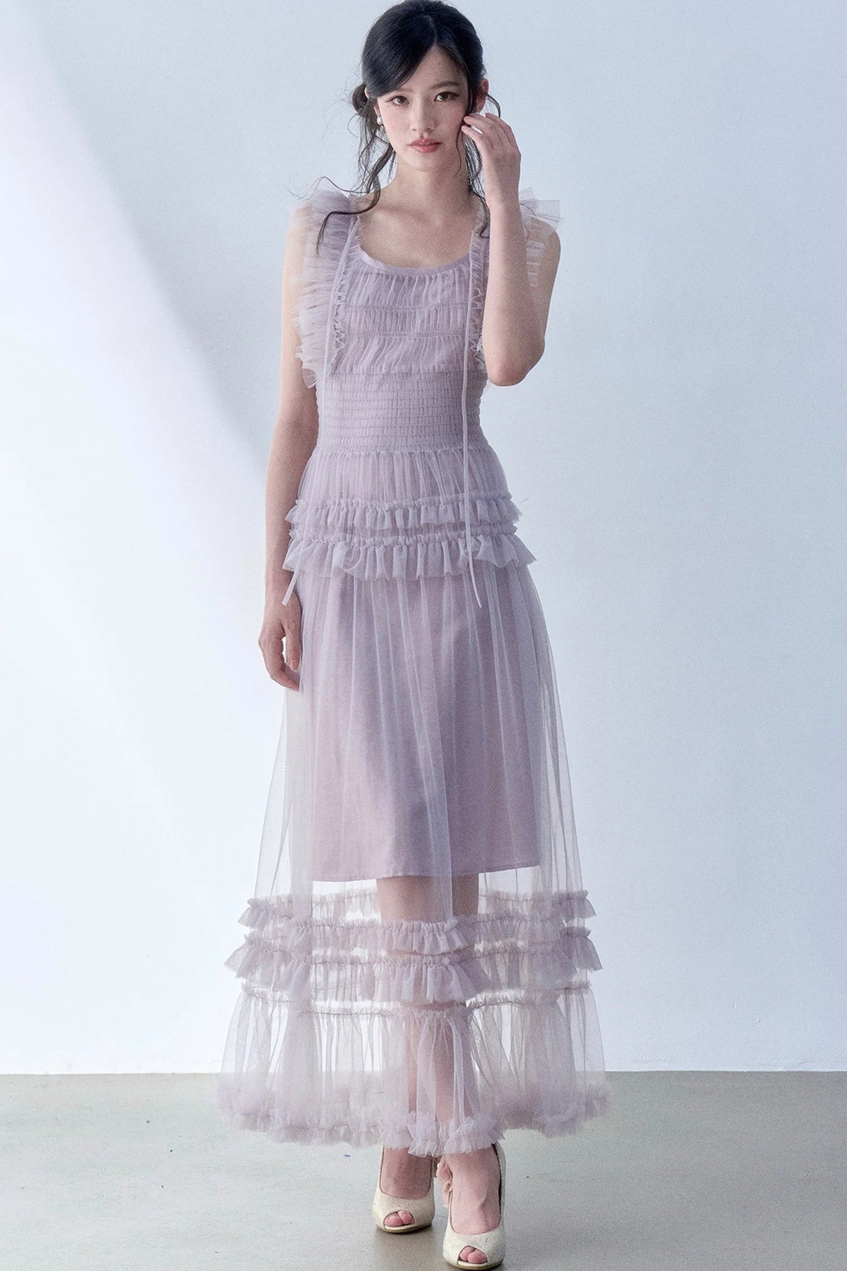 Pleated Lace Flutter Sleeve Dress