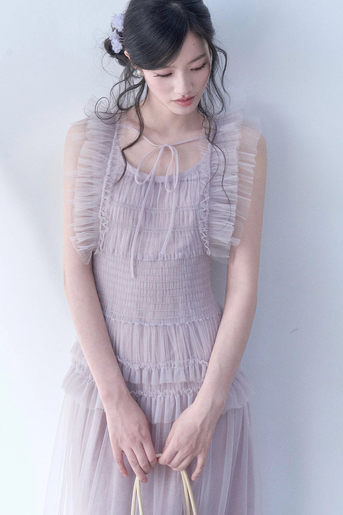 Pleated Lace Flutter Sleeve Dress
