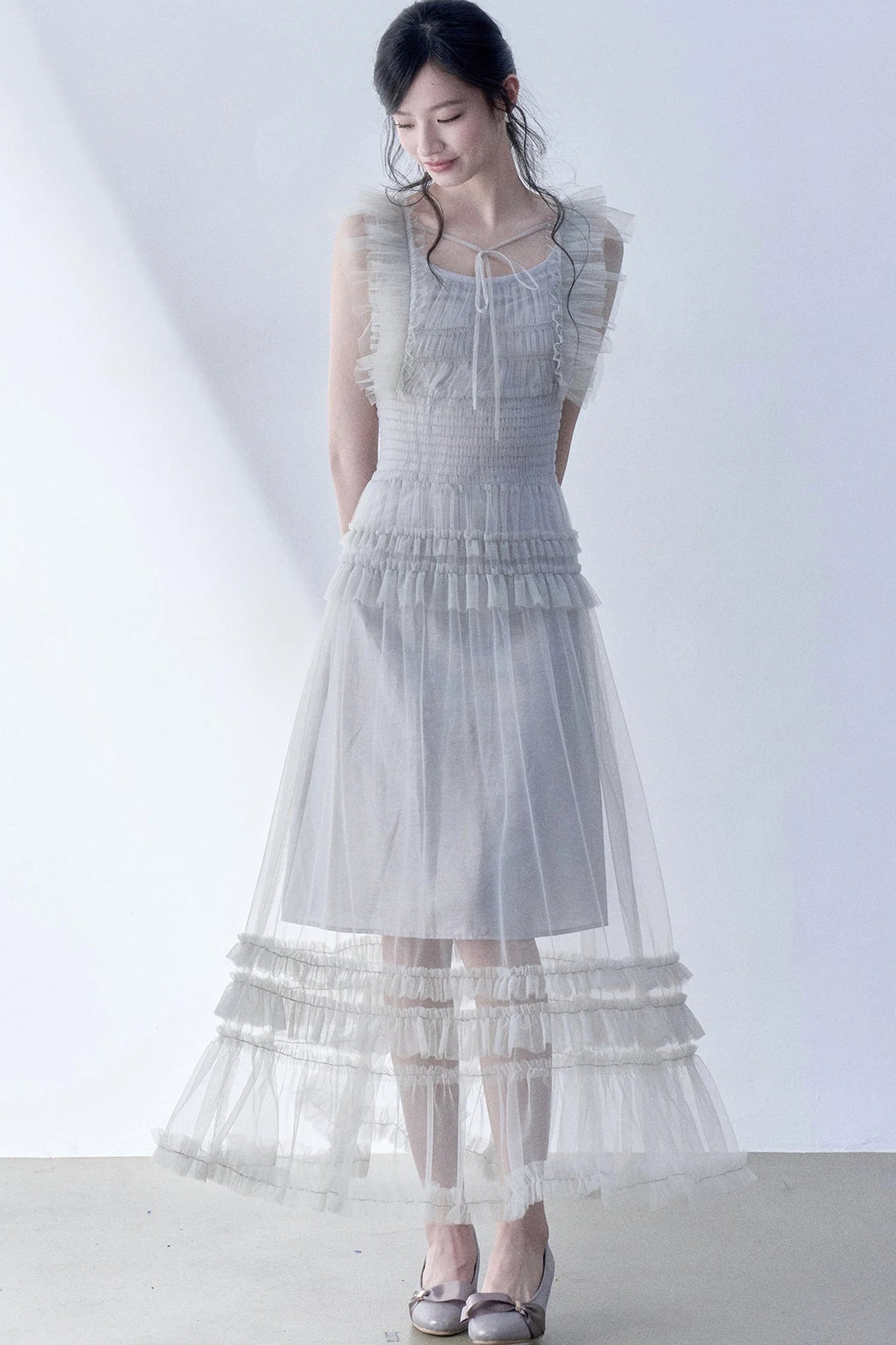Pleated Lace Flutter Sleeve Dress