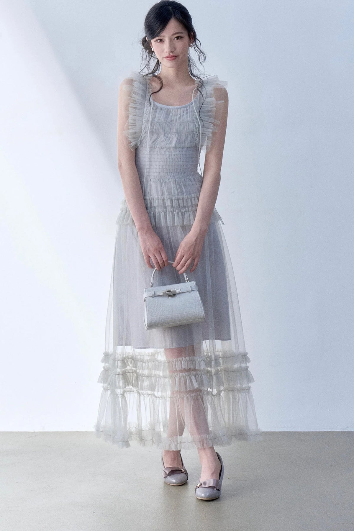 Pleated Lace Flutter Sleeve Dress